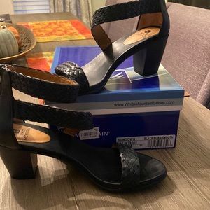 Black heeled double strap zippered sandals, size 8